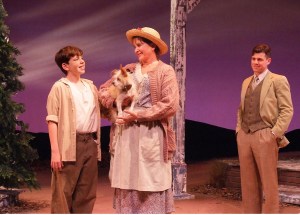 William Spangler As Young Buddy Talks With Marsha Waterman As His Cousin "Sook" (With Pickle The Dog As "Queenie",) While Ciaran McCarthy As the Grown-Up Buddy Looks On