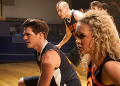 Mick (J.D. Driskill) & Cinesias (Jackson Tobiska) are cheered on by "Lyssie  J." (Devon Hadsell) 