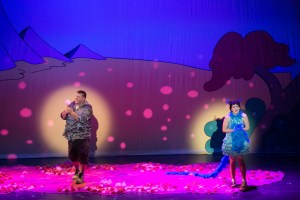 "Notice me Horton, put down the clover; this your next-door neighbor calling. There's a new Leaf you neighbor's turned over." (Matthew Downs Is Horton, The Elephant & Melanie Mockobey Is Gertrude McFuzz)