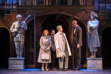 “One normal night: No, not one poem--not one ‘inspiring’ word! One normal scene-- complete routine--Tonight can't be absurd!” (Dustin Ceithamer as "Lurch" greets "The Beineke's" :Tracy Rowe Mutz as "Alice", Robert Yako as "Mal" & Dino Nicandros as "Lucas") 