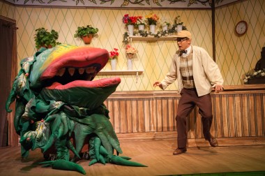 “Does it have to be Human? Does it have to be MINE?!” “Audrey II” (voiced by Jaysen Robbins) orders Scott Leslie as “Seymour Krelborn” to “Feed Me!”