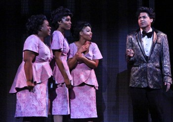 “Thirteen years of solid gold platters, rising costs and cocktail chatters; Fat DJ's, Stereophonic sound--the game of hits goes round and round…” backstage at “The Apollo Theater” David LaMarr as “James ‘Thunder’ Early” explains that sometimes you gotta fake it to make it, to “The Dream-ettes”: Moya Angela as “Effie White”, Jasmin Richardson as “Deena Jones” and Brittney Johnson as “Lorrell Robinson” 