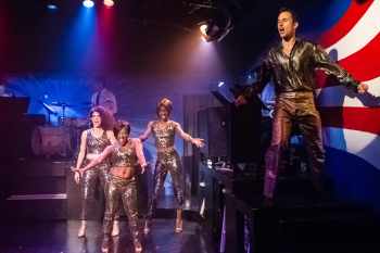 . “Comin' home used to feel so good--I'm a stranger now in my neighborhood; I've seen the world at a faster pace and I'm comin' now from a different place!” Backed by (L-R) Erica Hanrahan-Ball, Shanta' Marie Robinson, and Chelsea Martin, Andrew Bongiorno as “Peter Allen” is living ‘out loud and proud’ at the “Copacabana” nightclub in the “Celebration Theatre’s” West Coast premiere of “The Boy From OZ”