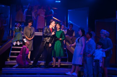 “In everything I do my sincerity shows through--I looked you in the eye (don't even have to try,) It's automatic! I'm Sincere!” Even the Mayor (Carmen Tunis) is overwhelmed by Zackary Martinez as “Conrad Birdie” while Adrian Sanchez as “Rose”, Megan Oviatt as “Kim” and the entire company look on in One More Production’s “Bye Bye Birdie”