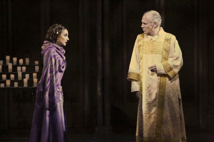 “God loves even a monster…” Mark Jacoby as “Arch Deacon Frollo” confronts Cassie Simone as “Esmeralda” regarding her ‘presence’ inside the cathedral in “The La Mirada Theatre For The Performing Arts” & “McCoy-Rigby Entertainment’s” production of "The Hunchback Of Notre Dame”