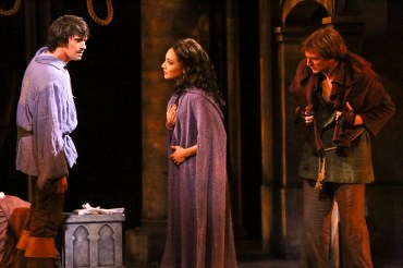 “Someday, life will be fairer, need will be rarer and greed will not pay…” Eric Kunze as “Phoebus” dreams of better, more equitable days with Cassie Simone as “Esmeralda” and John McGinty as “Quasimodo” in “The La Mirada Theatre For The Performing Arts” & McCoy-Rigby Entertainment’s production of "The Hunchback Of Notre Dame” 