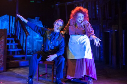 "We'll serve anyone,meaning anyone--and TO anyone at all!" David Stoneman as "Sweeney Todd" and Beth Hansen as "Mrs. Lovett" devise their unsavory plan for success in "One More Productions' "Sweeney Todd, The Demon Barber Of Fleet Street"