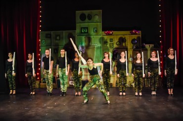 “I’m Private Schwartz from ‘Rockaway’ and I guess you’ve heard reports, that the Kaiser runs a ‘block away’ when they tell him ‘Here comes Schwartz!” Jackie Brenneman as “Fanny Brice” and the cast rehearse a new number for “The Follies” in “The Conundrum Theatre Company’s” Production Of “Funny Girl” 