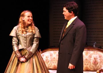 “We were under the ‘Bridge Of Sighs’ (--in a gondola) Under Italian skies (--She was singing lullabies) He said he likes the way I sing! (The day was ours!) We talked for hours (--it was Amazing!)” Angela Griswold as “Amy” and Jimmy Saiz as “Laurie” ‘break’ the news of “The Most Amazing Thing” in The Chance Theater’s “Little Women--The Broadway Musical”